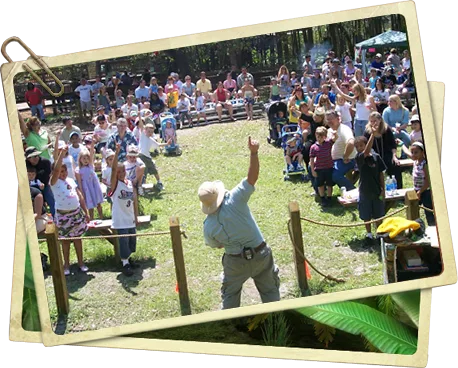 Jungle Jimmy performing outdoors to a large crowd with hands raised