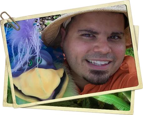 Jungle Jimmy in his safari hat with Donnie the Ditto Bird